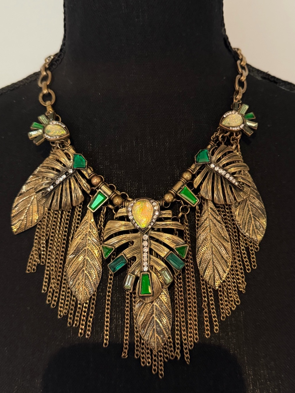 Bronze Brass Tone Faux Opal Chains Leafs Statement Necklace Adjustable Length